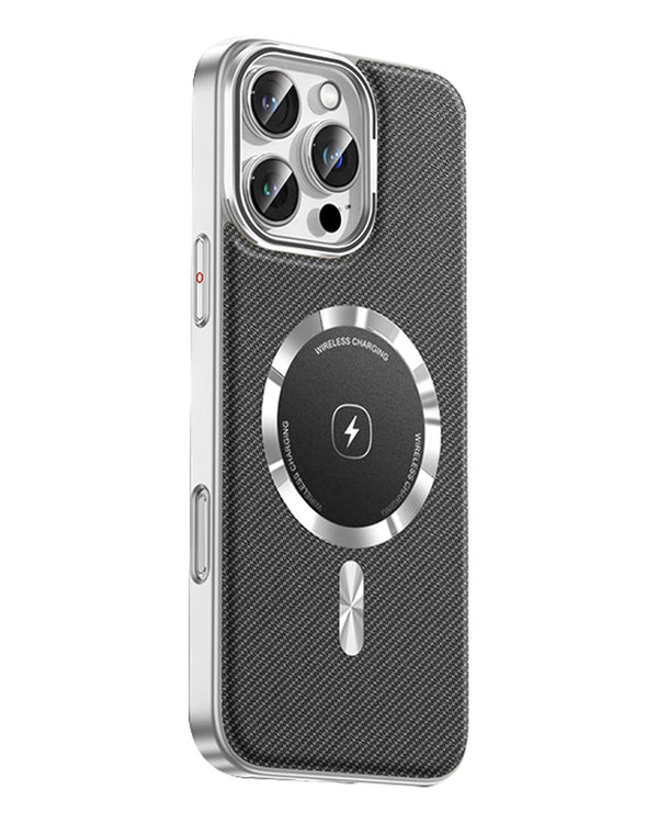 TecHub Leather MagSafe case with camera protection and kickstand for iPhone 15 Pro Max in black fiber, showing front and back views.