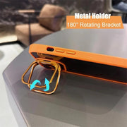 Black TecHub invisible stand case for iPhone 14 and 13 with metal camera lens protector and ring cover.