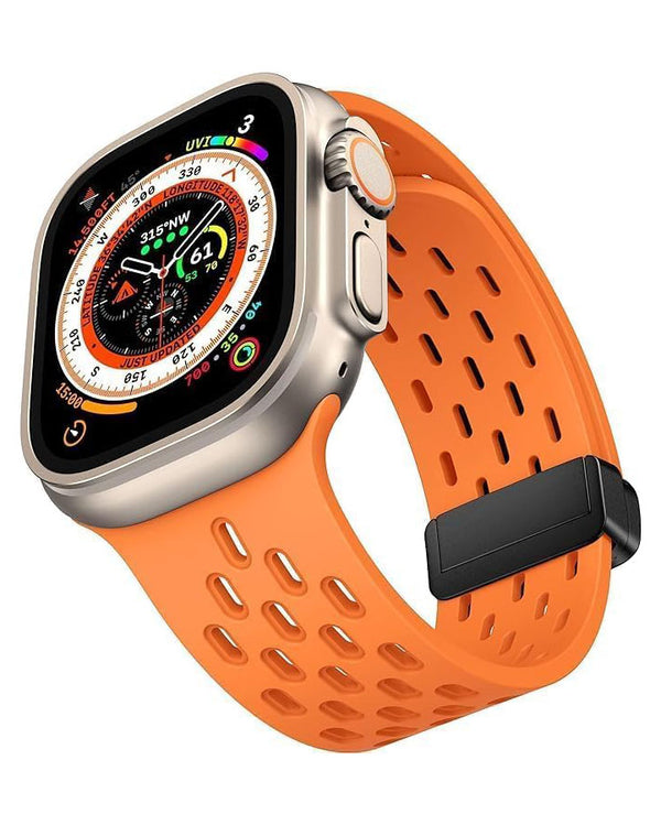 Orange magnetic silicone sport strap band for Apple Watch 42-49mm, ideal for sports and daily wear, compatible with various Apple Watch models.