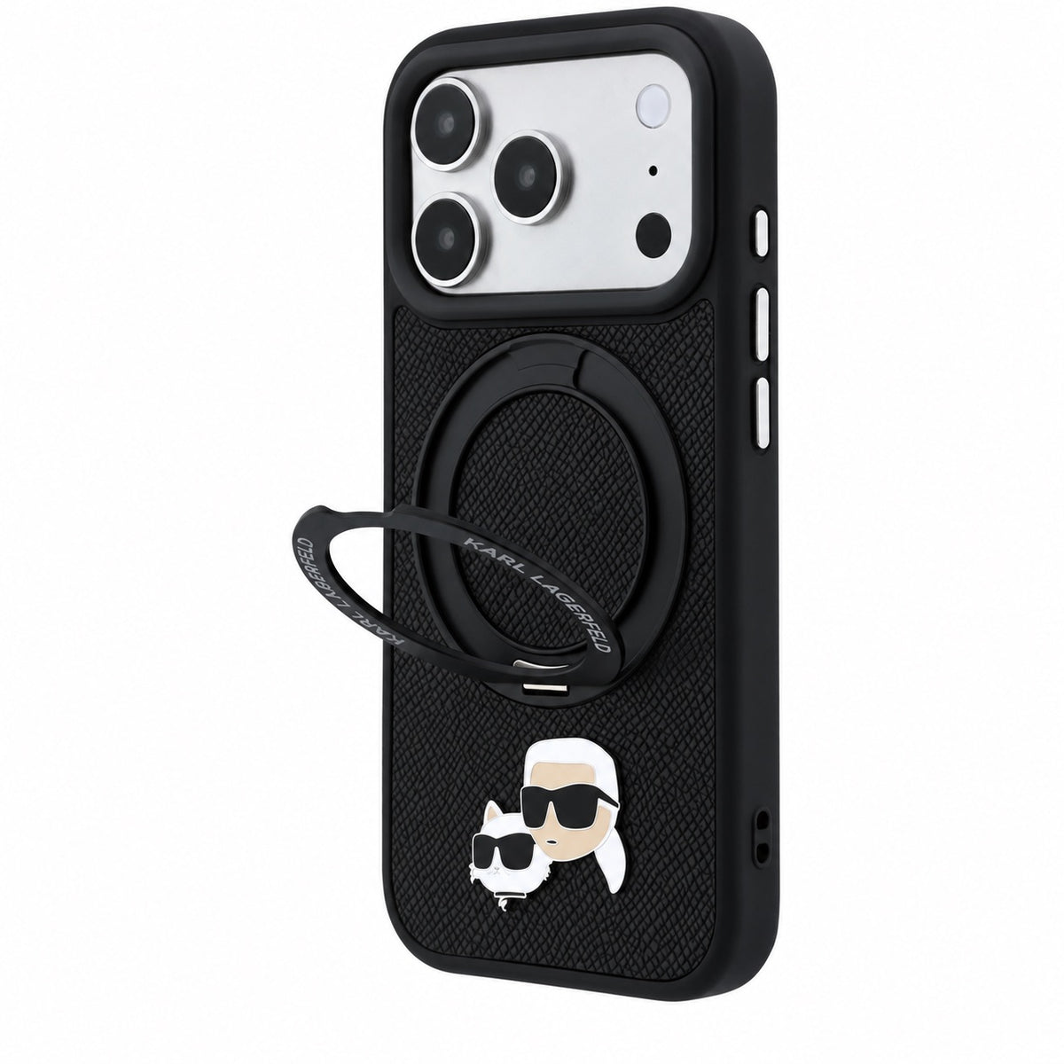 Black iPhone 17/18 Pro Max MagSafe case featuring Karl Lagerfeld with Ring Stand and Choupette heads design by TecHub.