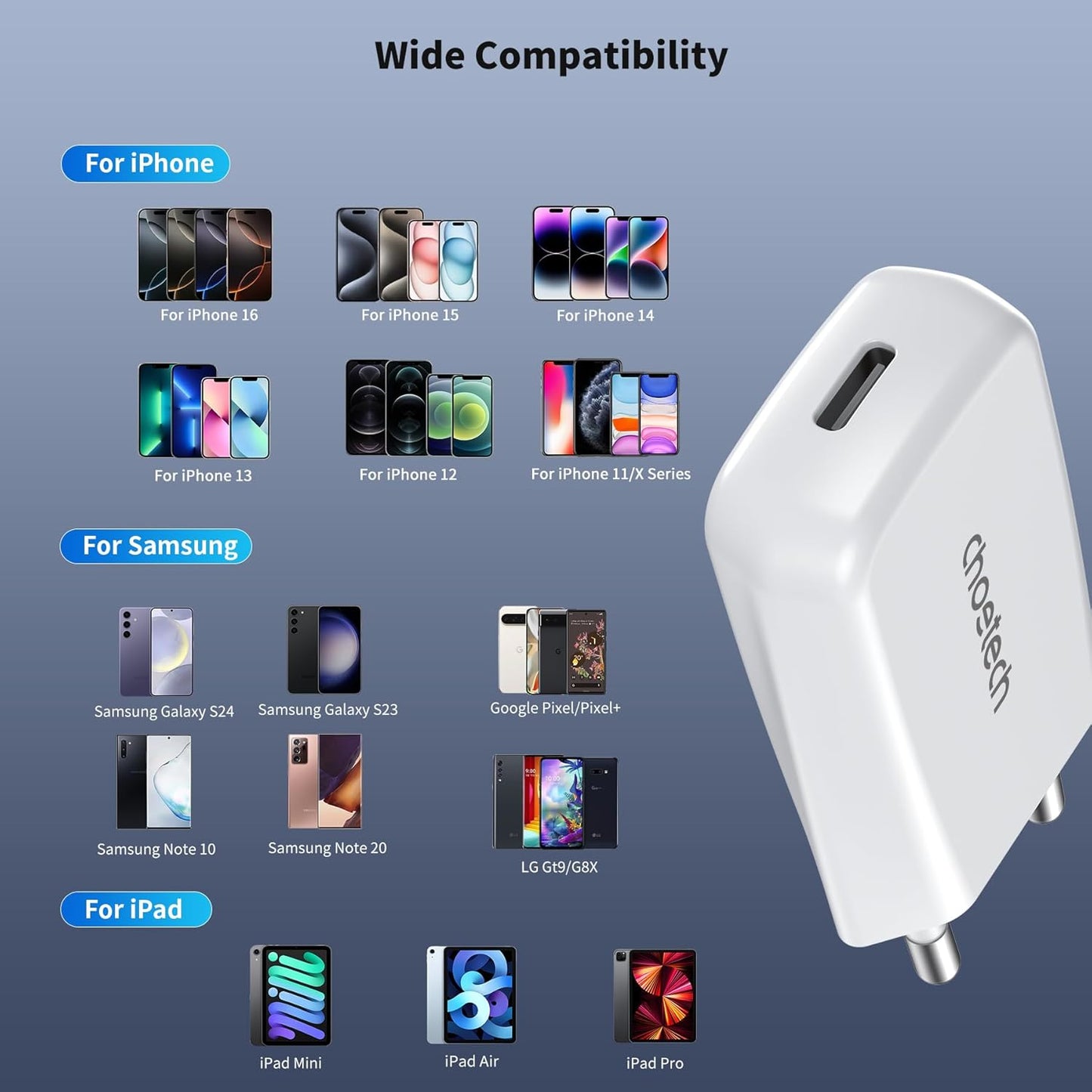 Choetech PD3080 Ultra-Slim Wall Charger, 20W USB-C PD Fast Charging, Compact Lightweight Design – White