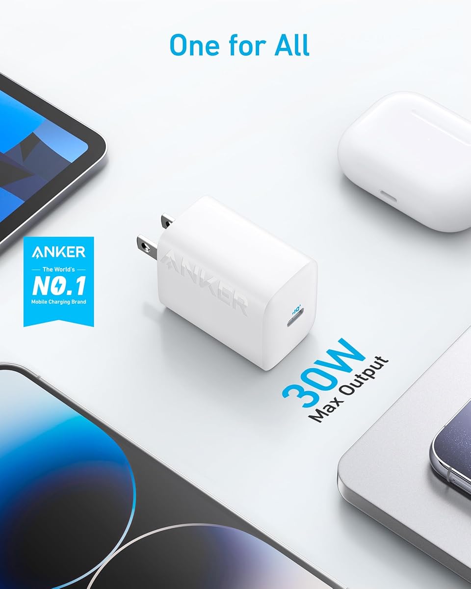 Anker 30W USB-C Charger, Anker 312 Charger with Compact & Foldable Design - White