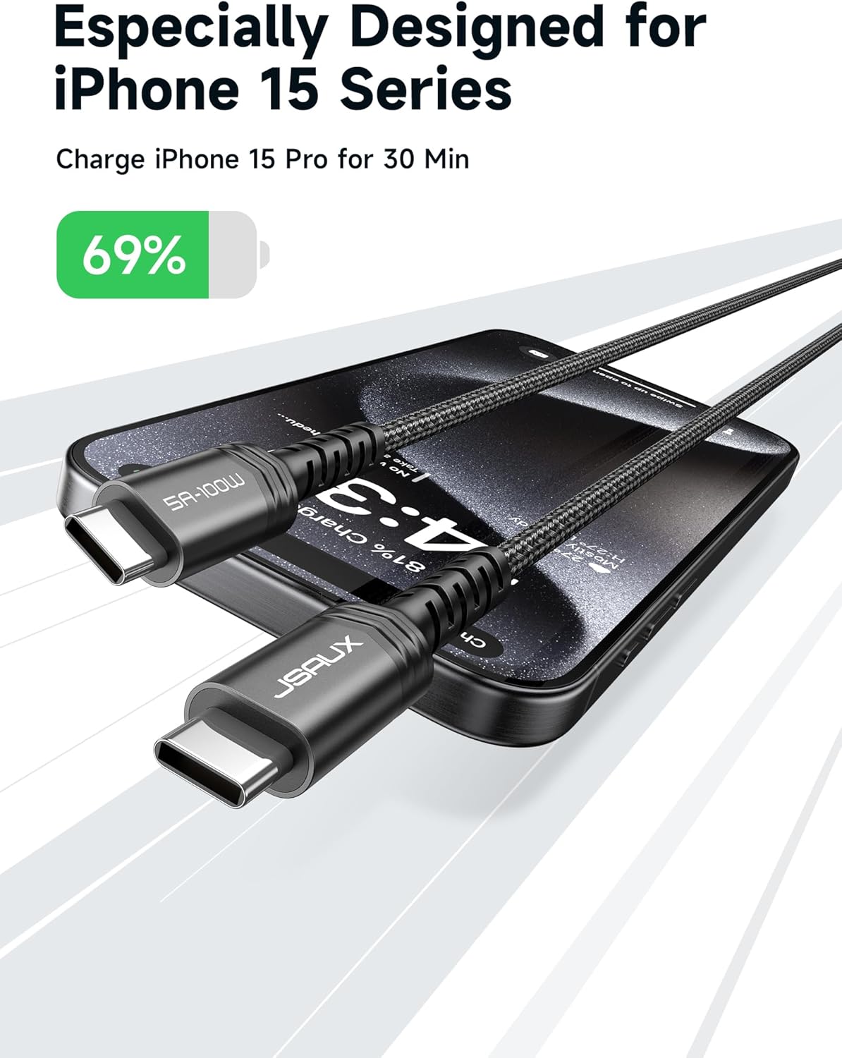 JSAUX USB C to USB C Cable 100W/5A [1-Pack 6.6ft], QC 4.0/USB PD Fast Charging CC0020