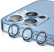Blue alloy glass lens protector case for iPhone 13 series, featuring durable material and precise fit.