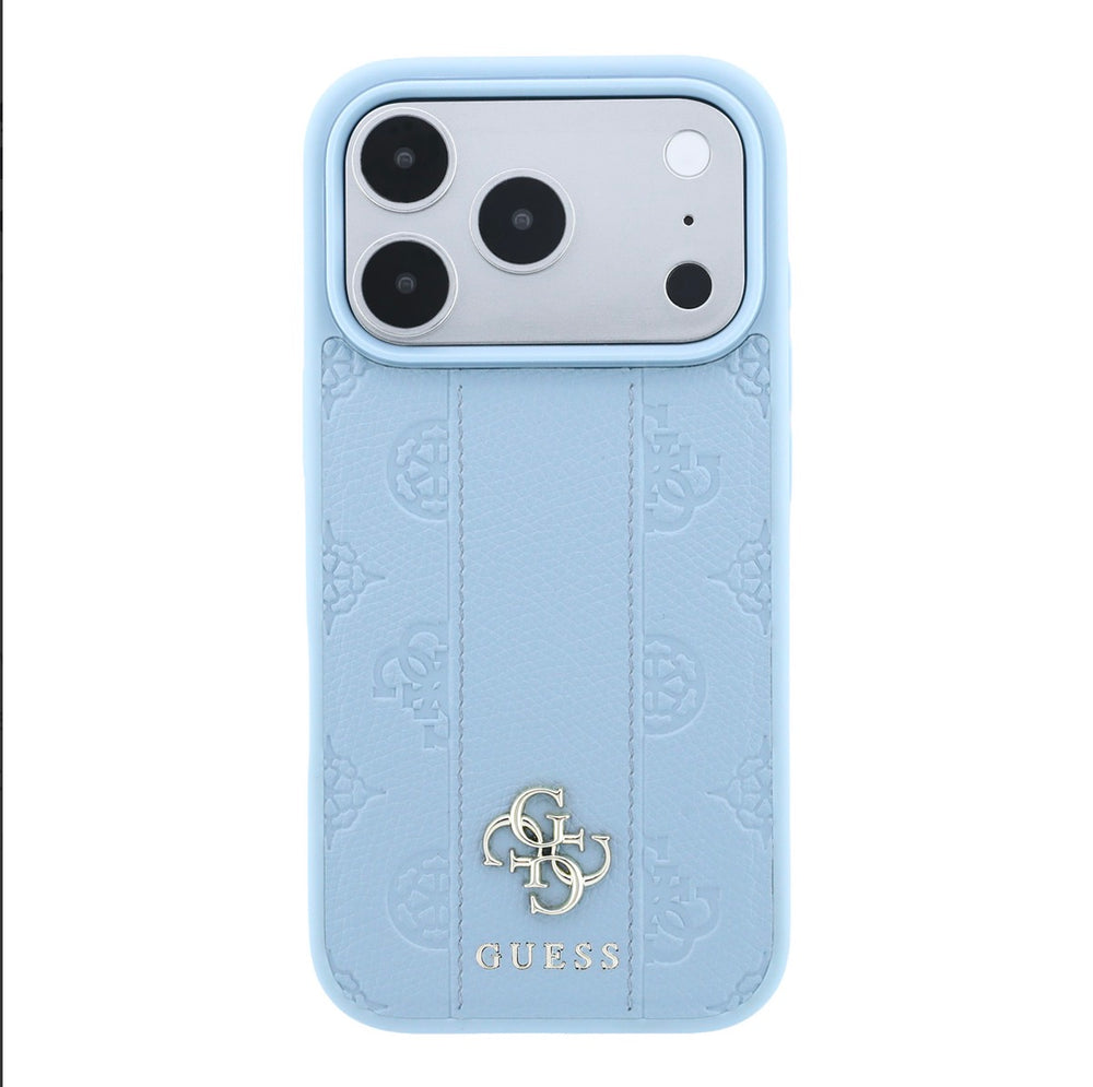 TecHub Guess Magsafe PU stripe hard case with peony and 4G logo for iPhone 17/18 Pro Max in blue, showing front and side view.