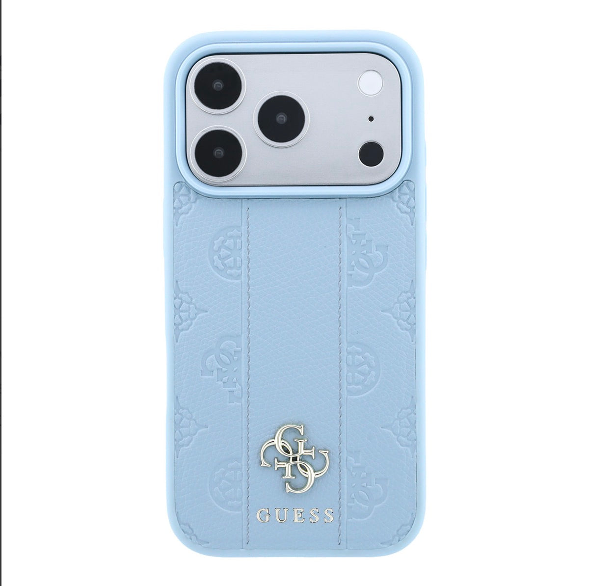 TecHub Guess Magsafe PU stripe hard case with peony and 4G logo for iPhone 17/18 Pro Max in blue, showing front and side view.