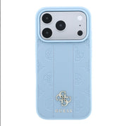 TecHub Guess Magsafe PU stripe hard case with peony and 4G logo for iPhone 17/18 Pro Max in blue, showing front and side view.