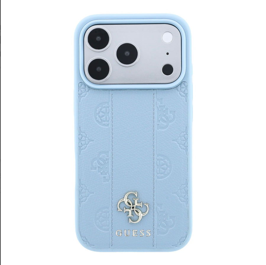 TecHub Guess Magsafe PU stripe hard case with peony and 4G logo for iPhone 17/18 Pro Max in blue, showing front and side view.