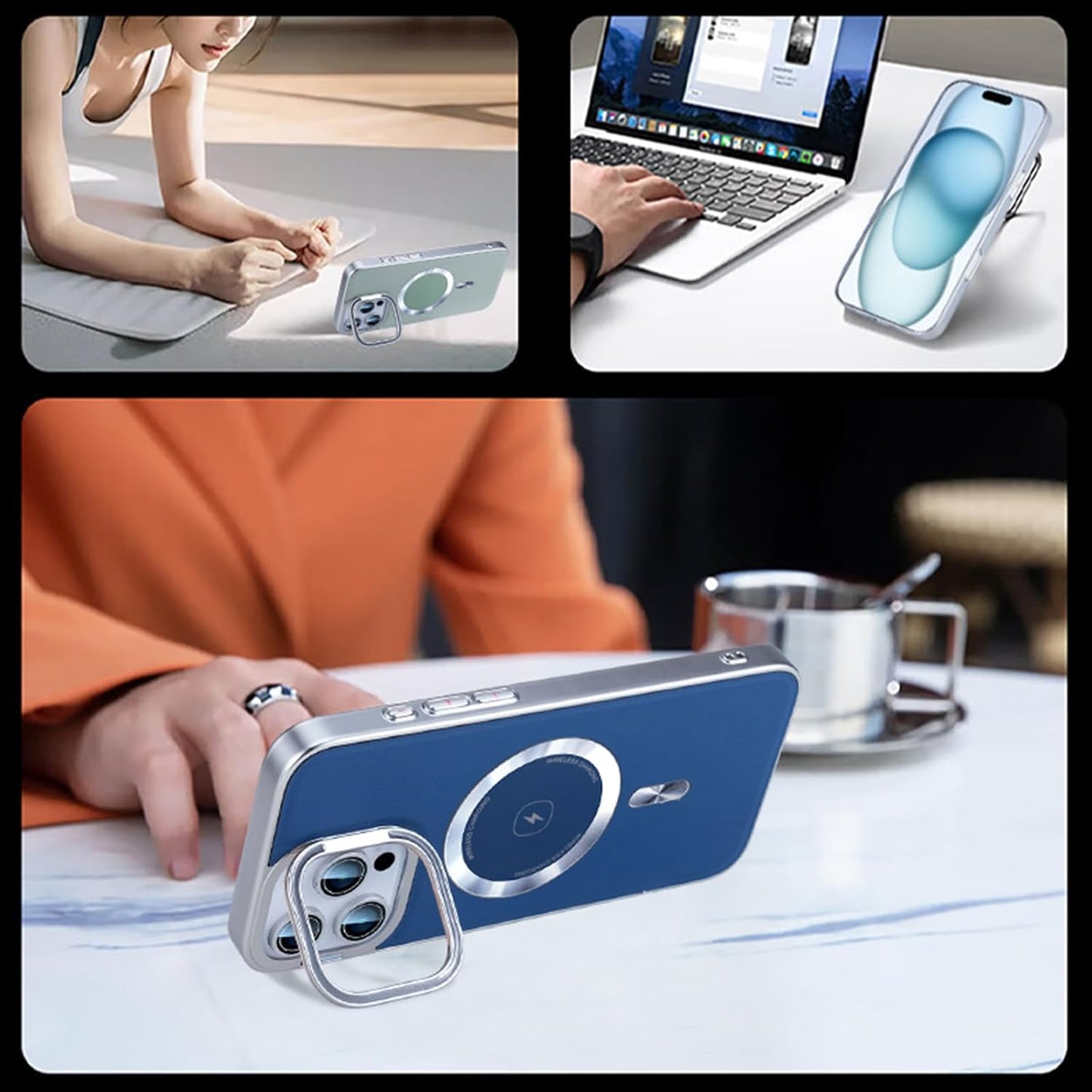 Leather MagSafe Case with Camera Protection Kickstand for iPhone 16 - Blue