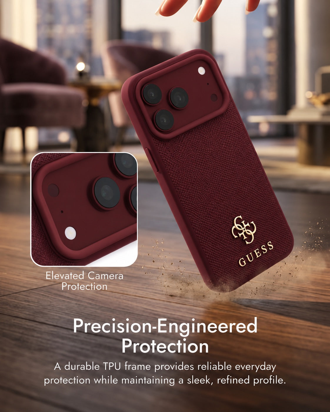 TecHub Guess MagSafe iPhone 17/18 Pro Max case with burgundy Saffiano PU stripe and logo, showing textured hard protective cover.
