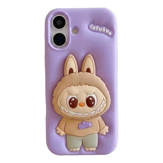 Labubu 3D cartoon silicone iPhone 16 case with handstand feature by TecHub, showing colorful, flexible silicone design and playful character.