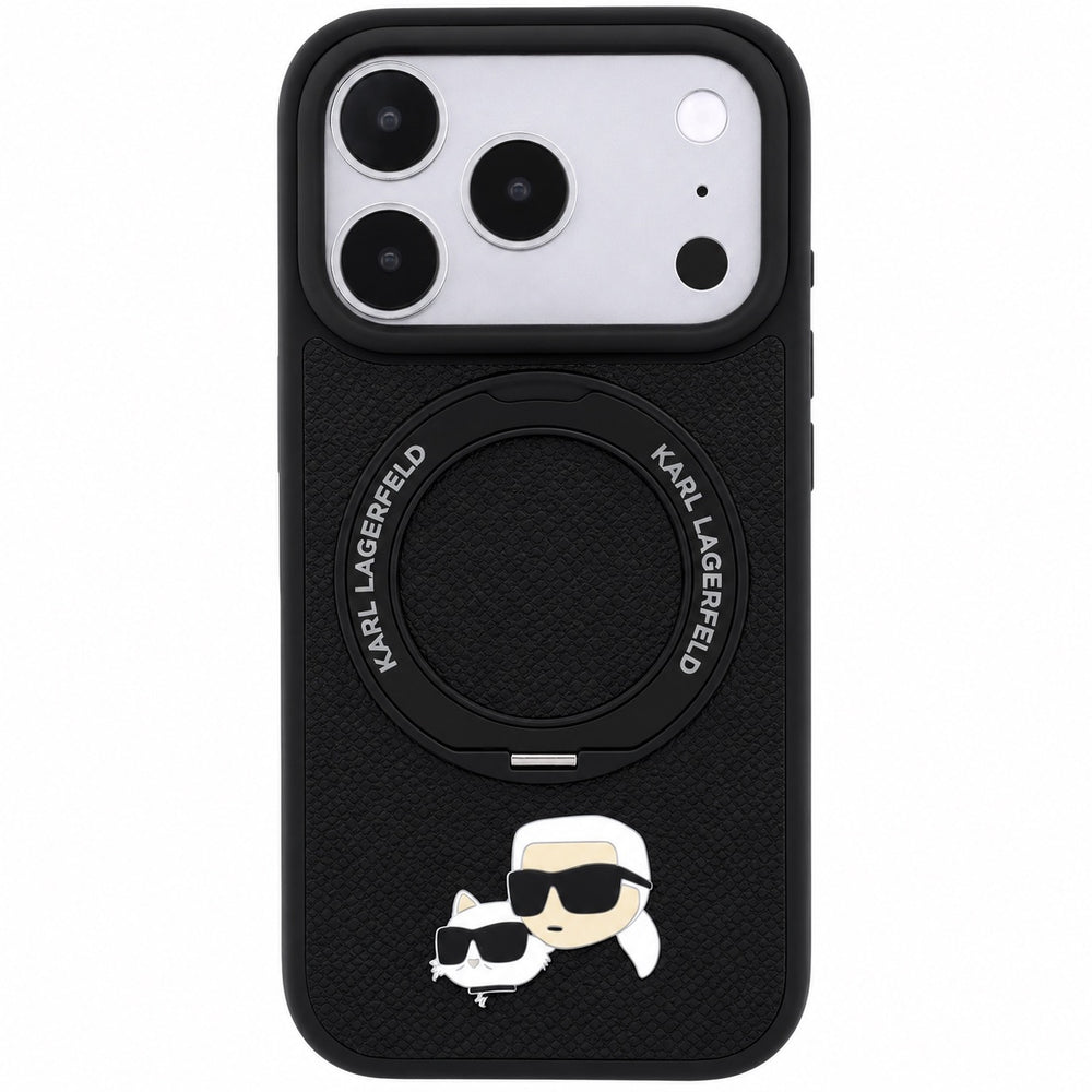 Black Karl Lagerfeld with Ring Stand MagSafe iPhone 17/18 Pro Max case featuring Choupette heads design and ring stand by TecHub.