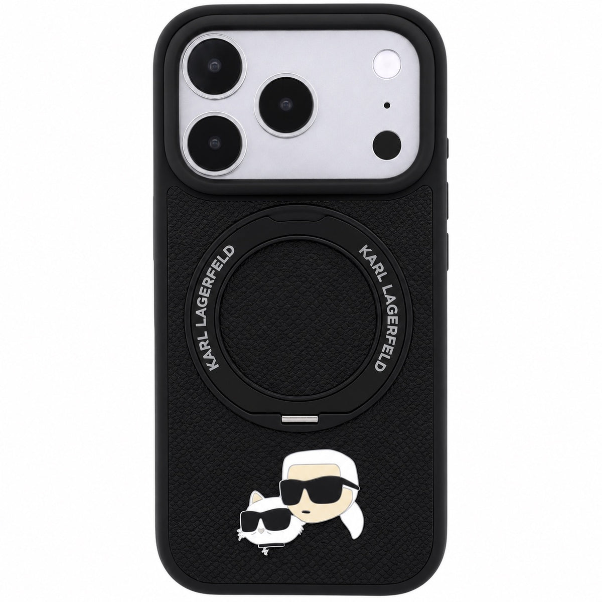 Black Karl Lagerfeld with Ring Stand MagSafe iPhone 17/18 Pro Max case featuring Choupette heads design and ring stand by TecHub.