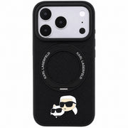 Black Karl Lagerfeld with Ring Stand MagSafe iPhone 17/18 Pro Max case featuring Choupette heads design and ring stand by TecHub.