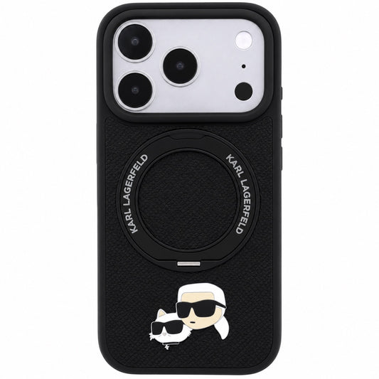 Black Karl Lagerfeld with Ring Stand MagSafe iPhone 17/18 Pro Max case featuring Choupette heads design and ring stand by TecHub.