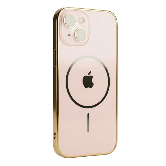 TecHub MagicMask Luxury Matt MagSafe iPhone 15 case in gold, showcasing smooth matte finish and precise cutouts for the device.