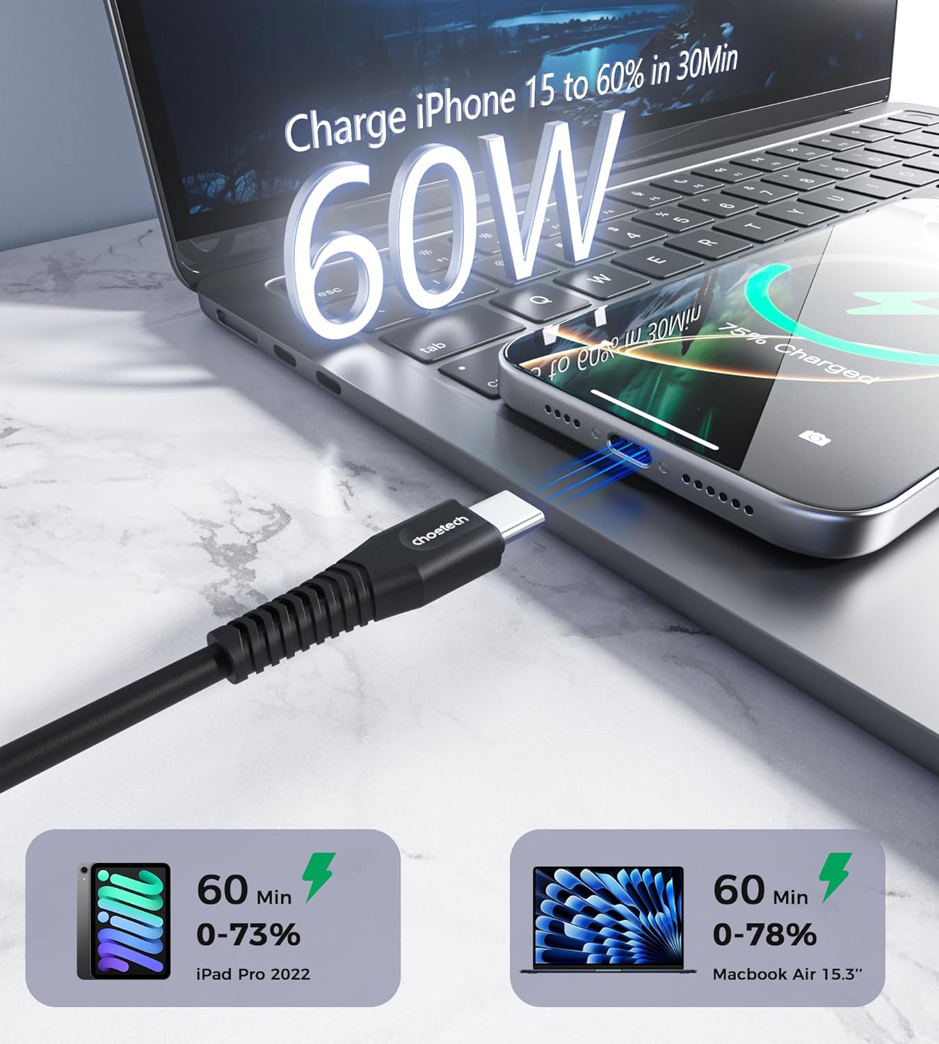 Choetech CC002 USB-C to USB-C Cable, 60W PD Fast Charging – Black