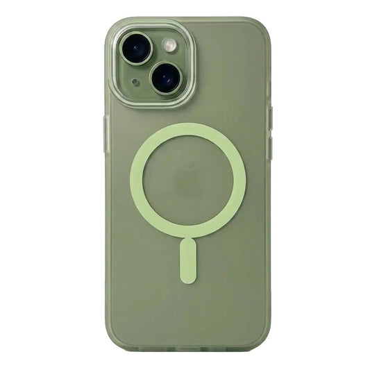 Green TecHub iPhone 15 Luxury MagSafe brushed TPU bumper case showing textured edges and precise cutouts for buttons and camera.