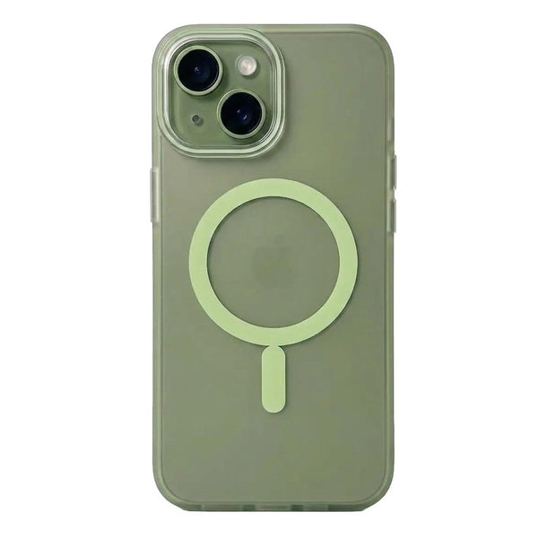 Green TecHub iPhone 15 Luxury MagSafe brushed TPU bumper case showing textured edges and precise cutouts for buttons and camera.
