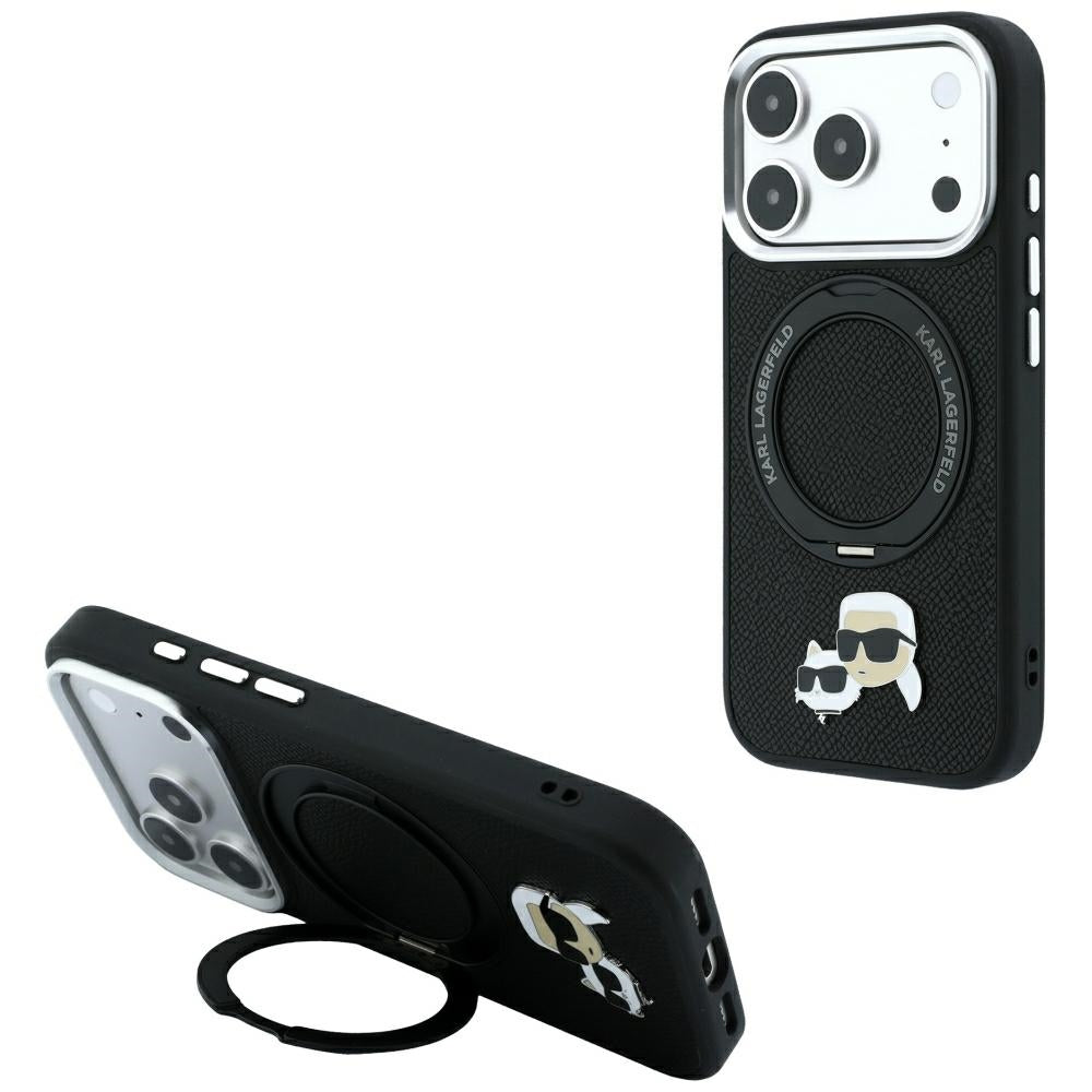 Karl Lagerfeld with Ring Stand 360 Karl Choupette Heads Pin MagSafe Case for iPhone 17/18 Pro Max - Black