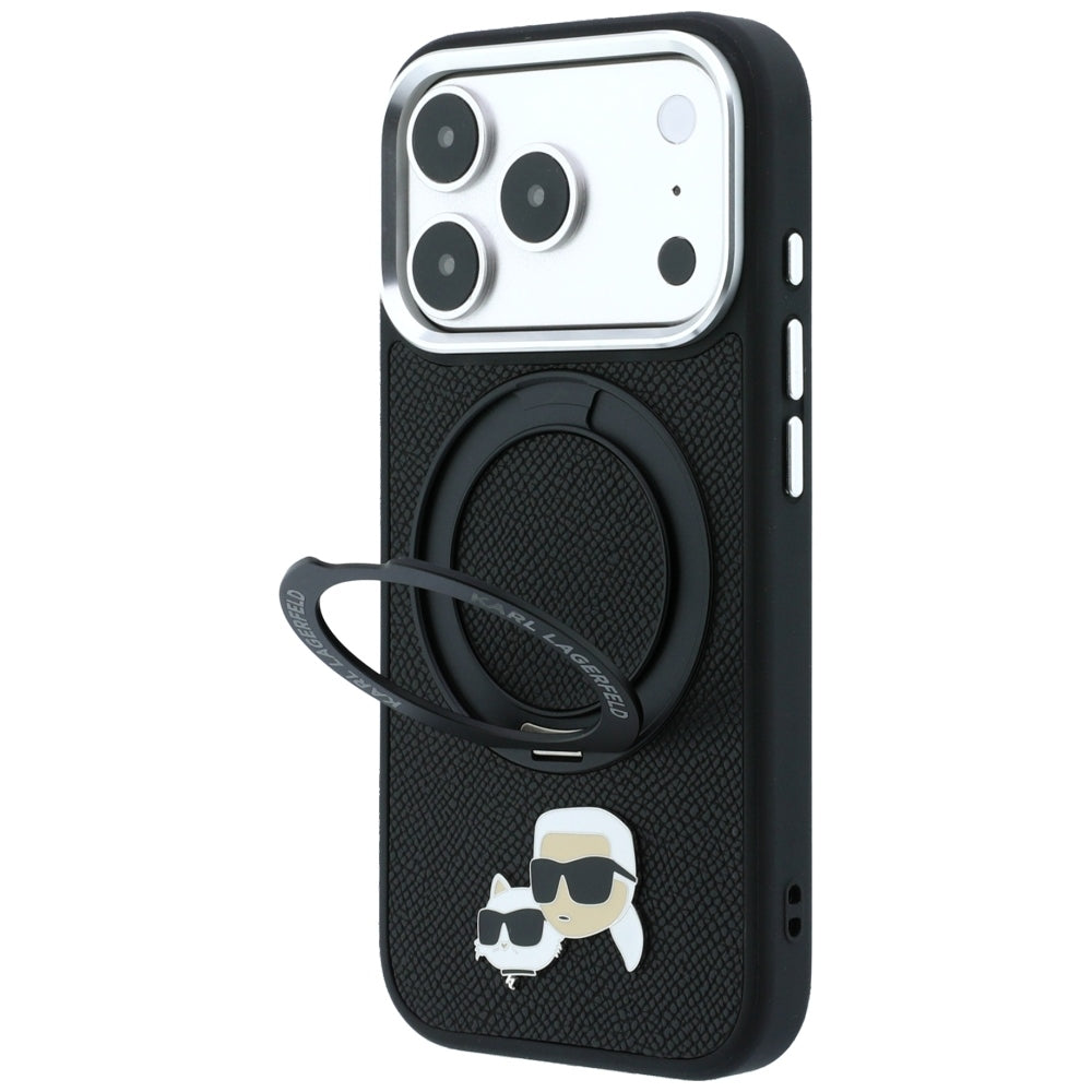 Karl Lagerfeld with Ring Stand 360 Karl Choupette Heads Pin MagSafe Case for iPhone 17/18 Pro Max - Black