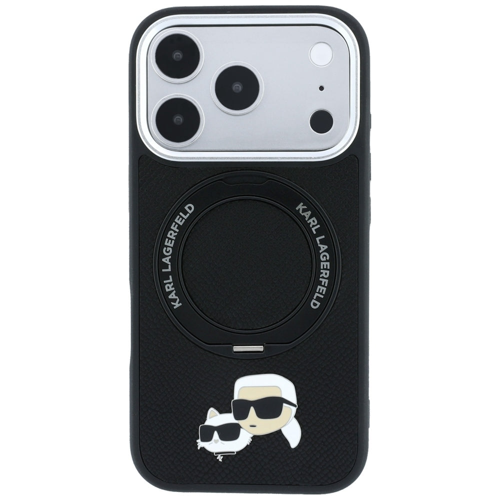 Karl Lagerfeld with Ring Stand 360 Karl Choupette Heads Pin MagSafe Case for iPhone 17/18 Pro Max - Black