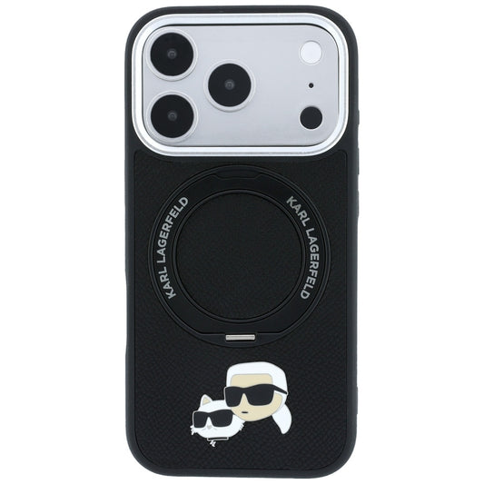 Black Karl Lagerfeld with Ring Stand MagSafe case for iPhone 17/18 Pro Max featuring Choupette heads design, by TecHub.