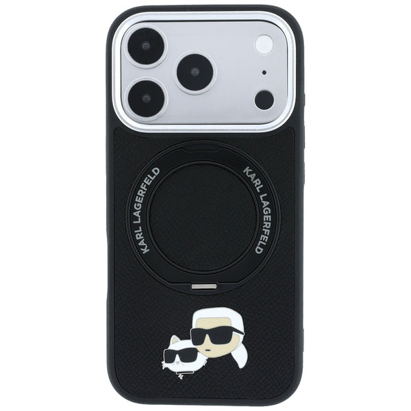 Karl Lagerfeld with Ring Stand 360 Karl Choupette Heads Pin MagSafe Case for iPhone 17/18 Pro Max - Black