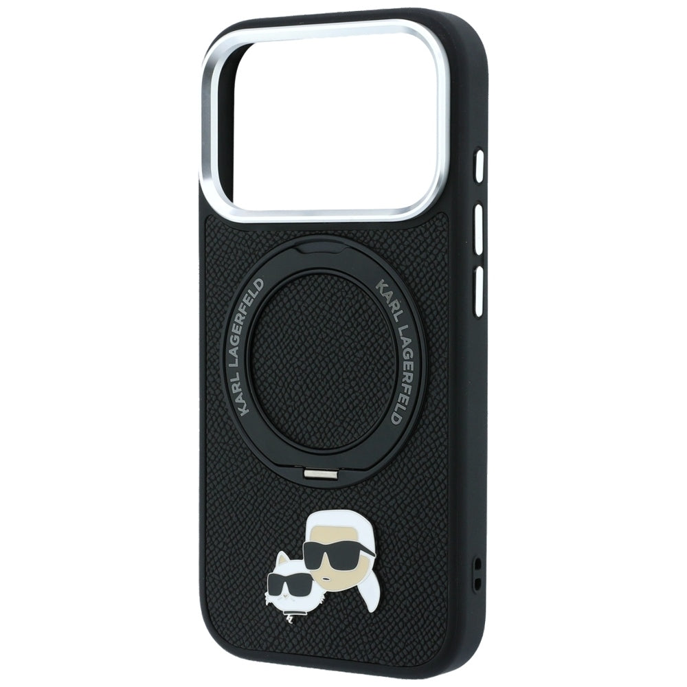 Karl Lagerfeld with Ring Stand 360 Karl Choupette Heads Pin MagSafe Case for iPhone 17/18 Pro Max - Black