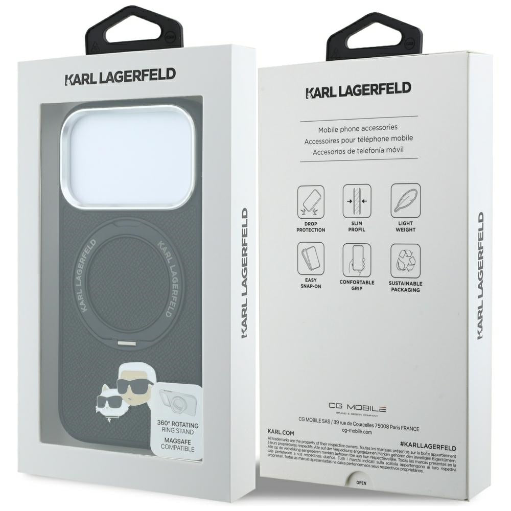 Karl Lagerfeld with Ring Stand 360 Karl Choupette Heads Pin MagSafe Case for iPhone 17/18 Pro Max - Black