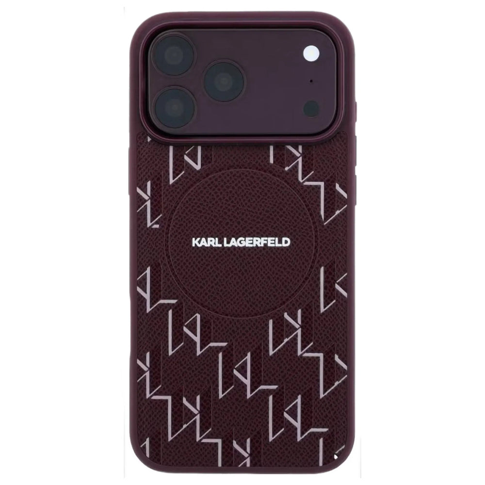 Burgundy Karl Lagerfeld PU hard case with KL monogram logo for iPhone 17/18 Pro Max, designed for protection and style.