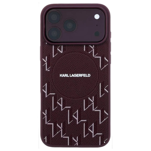 Burgundy Karl Lagerfeld PU hard case with KL monogram logo for iPhone 17/18 Pro Max, designed for protection and style.