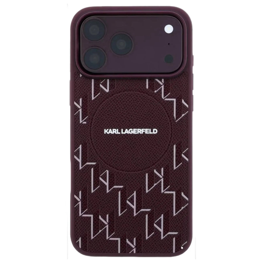 Burgundy Karl Lagerfeld PU hard case with KL monogram logo for iPhone 17/18 Pro Max, designed for protection and style.