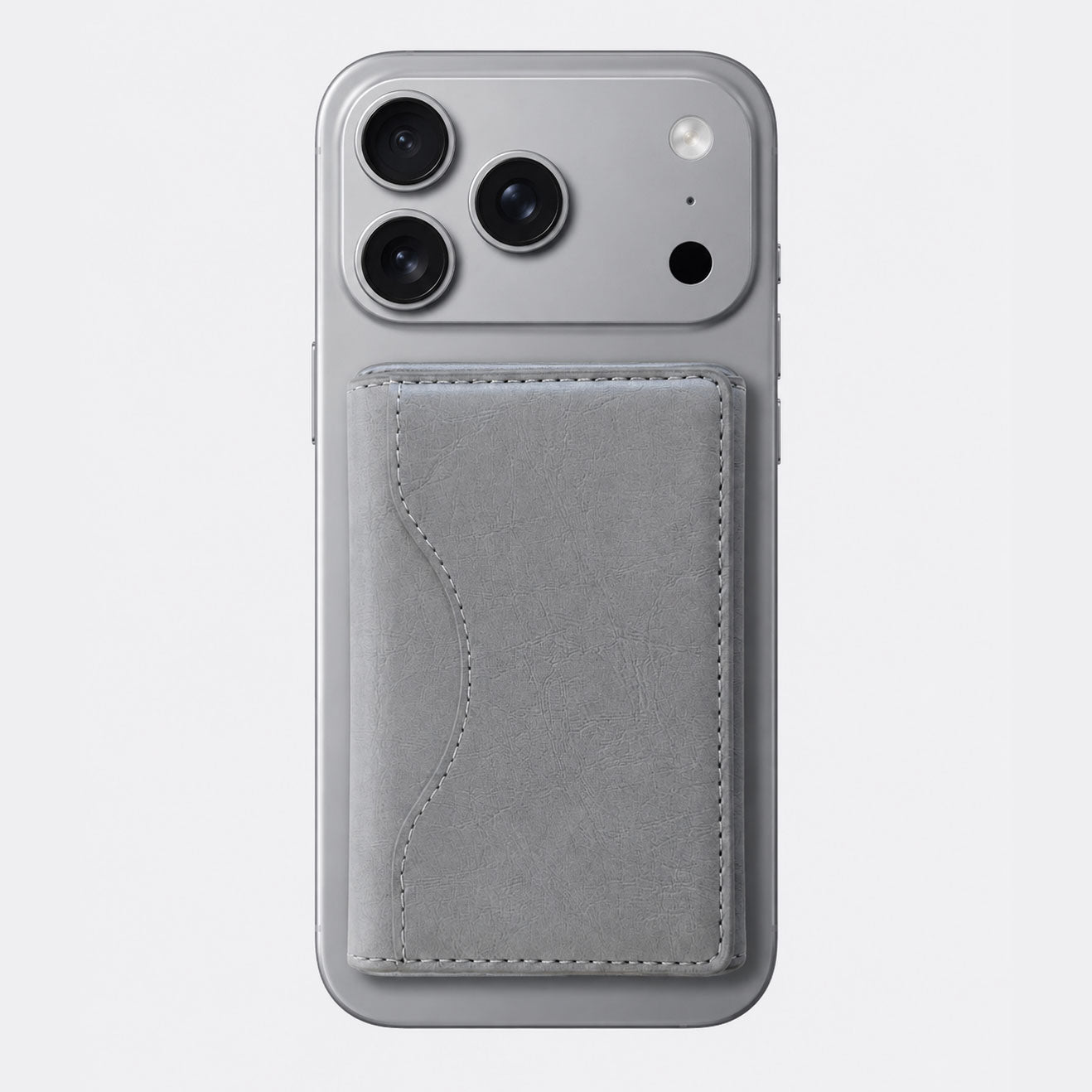 TecHub Triple Fold Leather MagSafe Wallet Card Holder in grey, showing the sleek leather case with multiple card slots and magnetic closure.