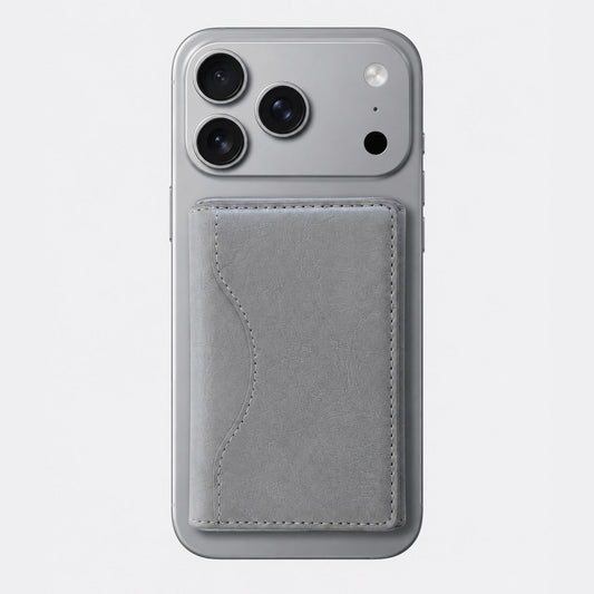 TecHub Triple Fold Leather MagSafe Wallet Card Holder in grey, showing the sleek leather case with multiple card slots and magnetic closure.