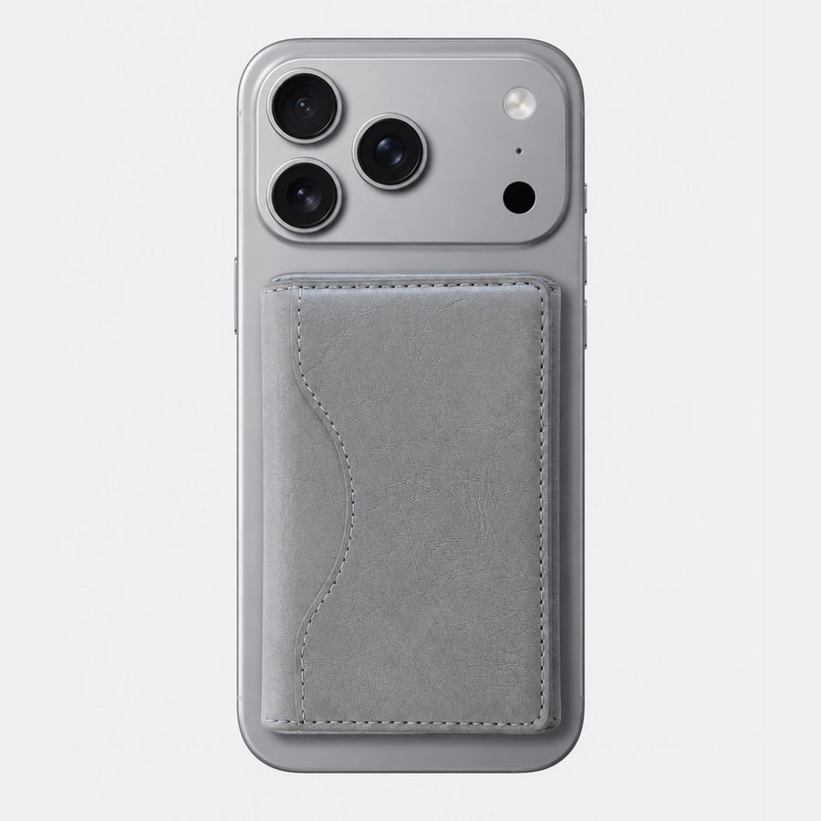 TecHub Triple Fold Leather MagSafe Wallet Card Holder in grey, showing the sleek leather case with multiple card slots and magnetic closure.