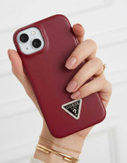 TecHub Guess leather back cover case for iPhone 15 in maroon, featuring a stylish leather finish and precise cutouts.