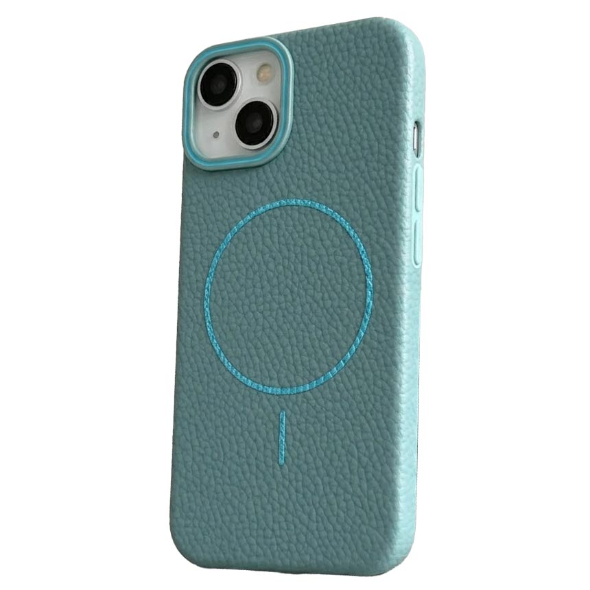 TecHub Macaron Leather Matte Magnetic Case for iPhone 15 in blue, showing sleek, textured leather design with secure magnetic closure.
