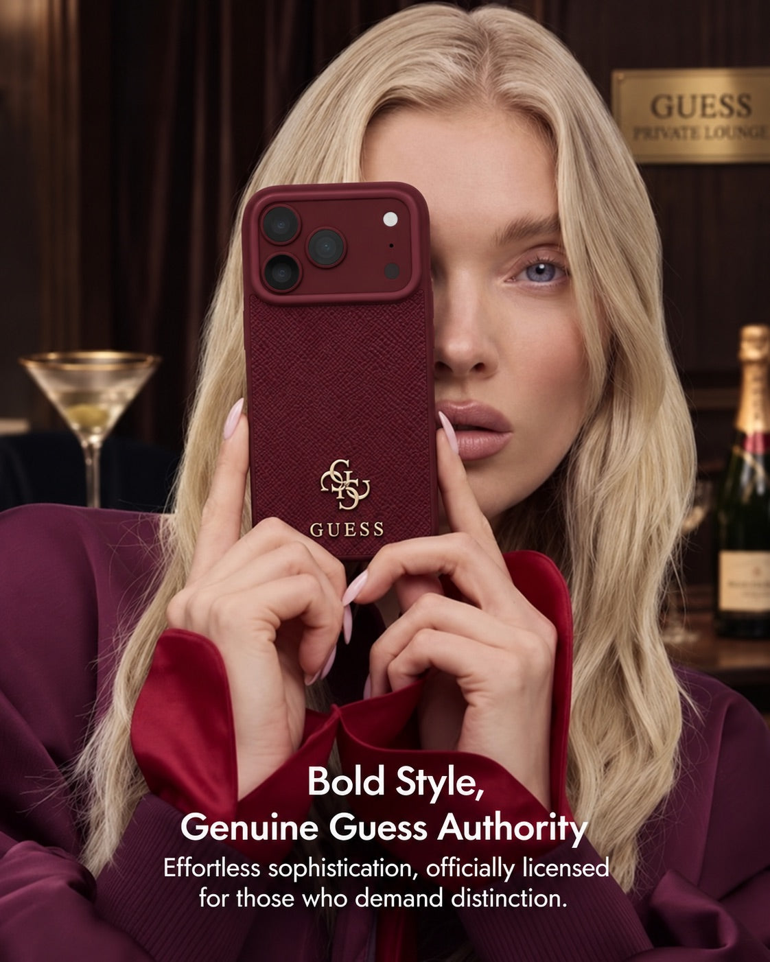 TecHub Guess Magsafe PU Stripe hard case with Saffiano logo for iPhone 17/18 Pro Max in burgundy color, featuring a stylish textured design.