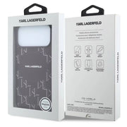 Karl Lagerfeld burgundy PU hard case with KL monogram logo for iPhone 17/18 Pro Max, showcasing its stylish and protective design.