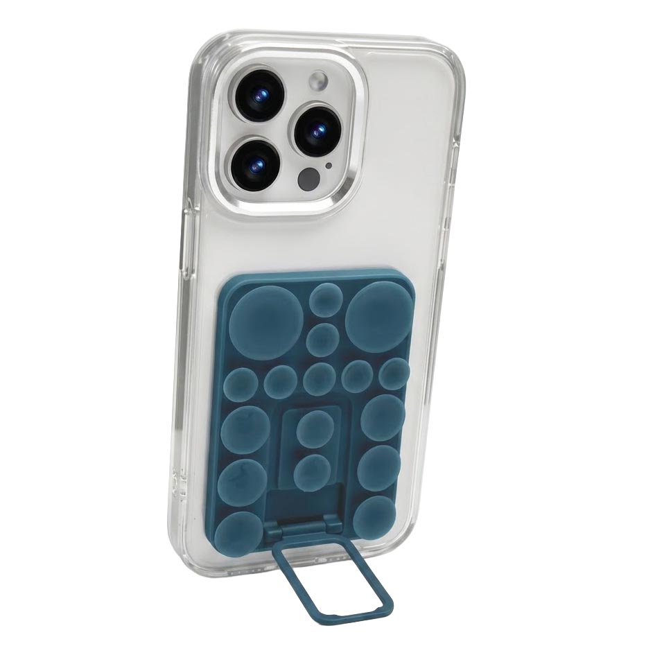 TecHub silicone suction mobile phone folding stand holder shown holding a smartphone, flexible and compact for hands-free use.