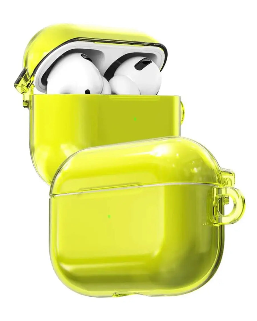 TecHub Araree AirPods Pro NUKIN hard case in vibrant neon yellow, showing the protective cover on the AirPods Pro charging case.