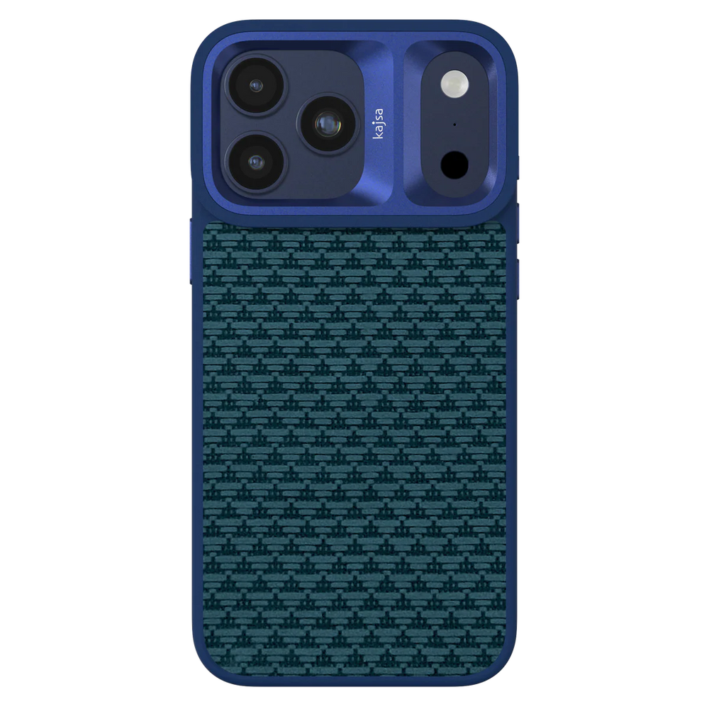 Blue TecHub Kajsa Glamorous Collection iPhone 17 Pro Max case with pyramid pattern and MagSafe compatibility, front view