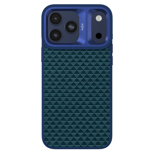 Blue TecHub Kajsa Glamorous Collection iPhone 17 Pro Max case with pyramid pattern and MagSafe compatibility, front view