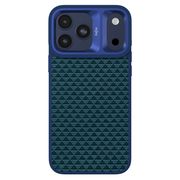 Blue TecHub Kajsa Glamorous Collection iPhone 17 Pro Max case with pyramid pattern and MagSafe compatibility, front view