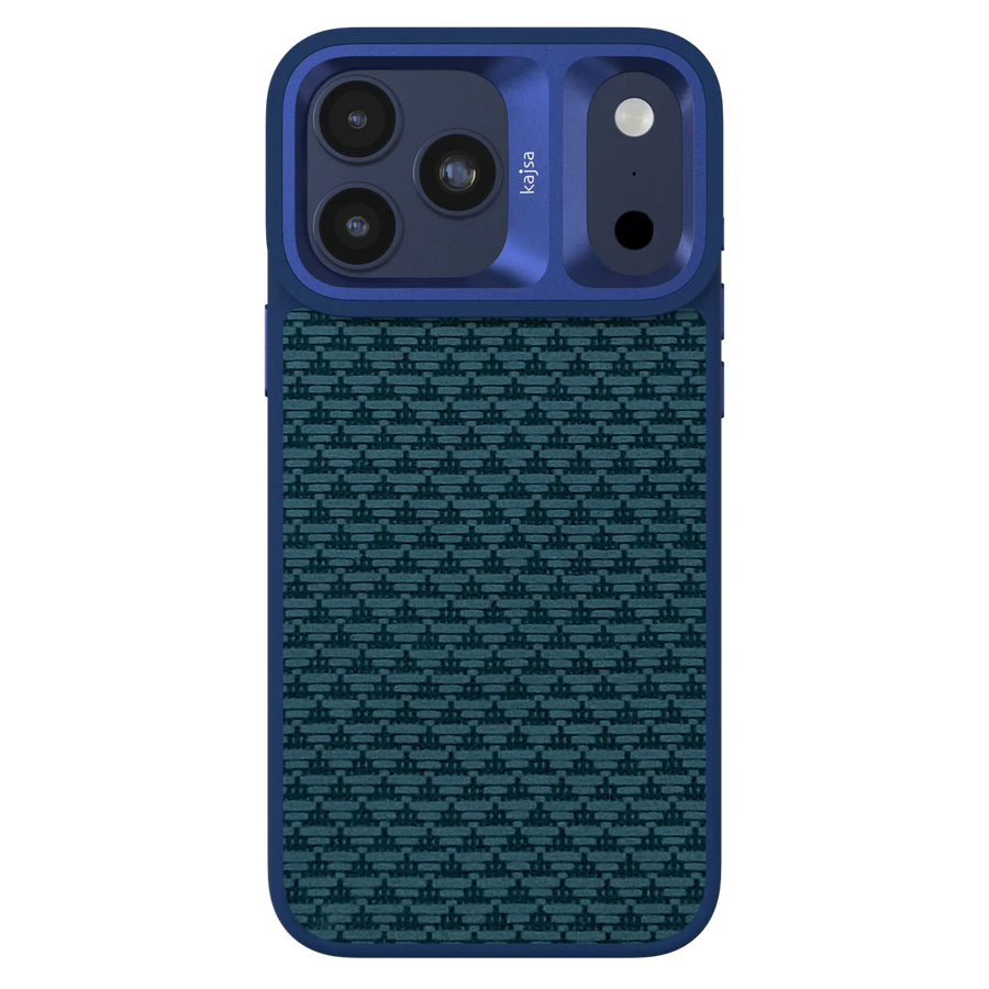Blue TecHub Kajsa Glamorous Collection iPhone 17 Pro Max case with pyramid pattern and MagSafe compatibility, front view