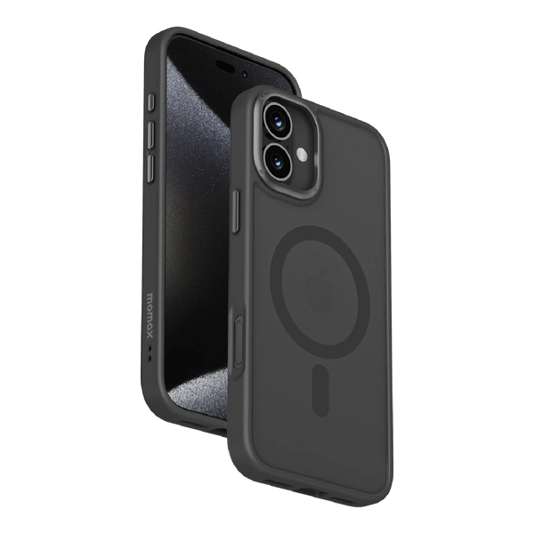 Momax CaseForm Play iPhone 16 case with MagSafe in black, featuring a sleek protective design with precise cutouts.