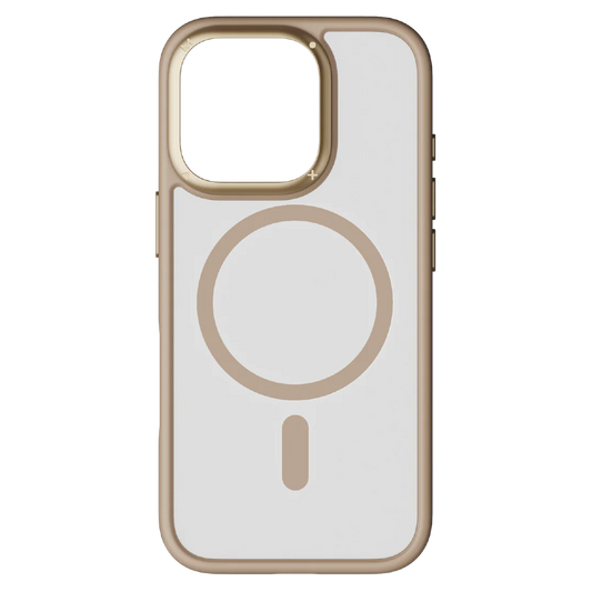 Momax CaseForm Play reinforced MagSafe case for iPhone 16 Pro Max in sandstone, showing the textured design and secure fit.