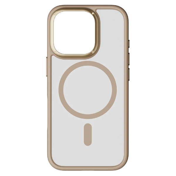 Momax CaseForm Play reinforced MagSafe case for iPhone 16 Pro Max in sandstone, showing the textured design and secure fit.