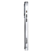 TecHub Kajsa Trans-Shield Lumber back case for iPhone 16 Pro Max, silver, shown from the left side with textured wood pattern.